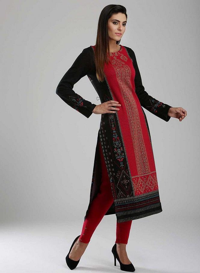 Black &amp; Pink Woollen Round Neck kurta - wforwoman