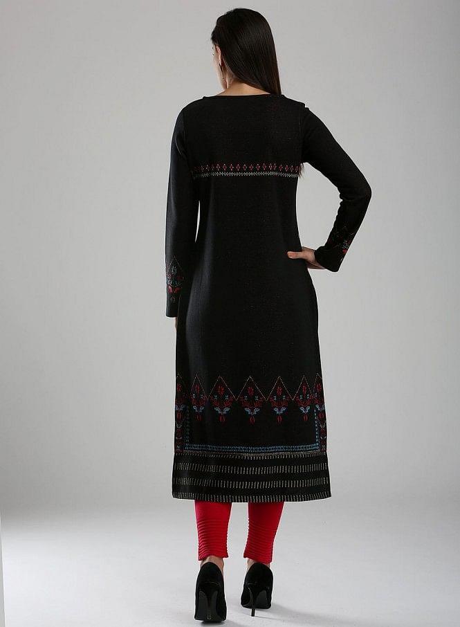 Black &amp; Pink Woollen Round Neck kurta - wforwoman