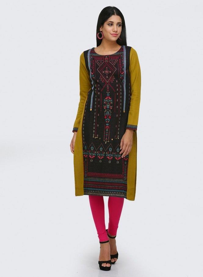 Black Printed Round Neck Winter kurta - wforwoman