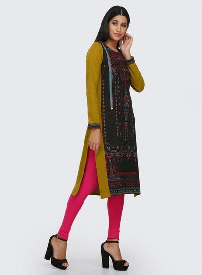 Black Printed Round Neck Winter kurta - wforwoman