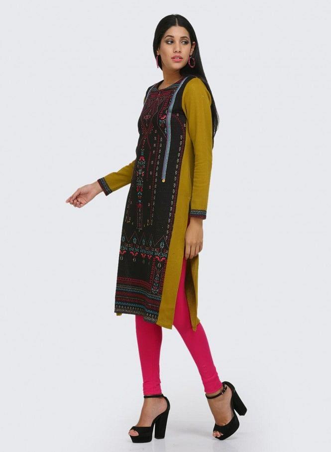 Black Printed Round Neck Winter kurta - wforwoman