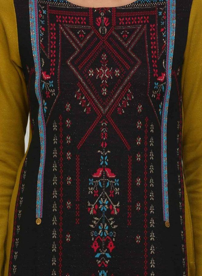 Black Printed Round Neck Winter kurta - wforwoman