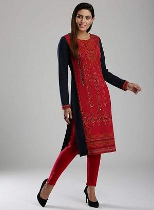 Red &amp; Black Woollen Round Neck kurta