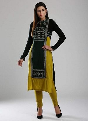 Black &amp; Green Woollen Mandarin Neck kurta