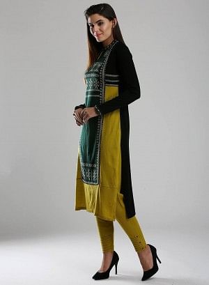 Black &amp; Green Woollen Mandarin Neck kurta