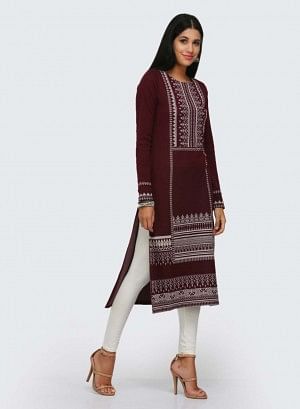 Wine Printed Winter kurta