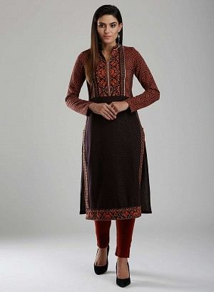 Orange &amp; Black Woollen Mandarin Neck kurta