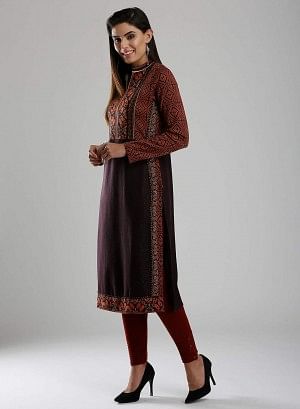 Orange &amp; Black Woollen Mandarin Neck kurta