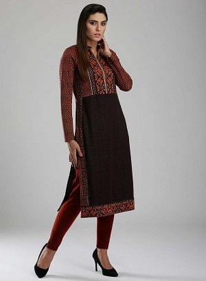 Orange &amp; Black Woollen Mandarin Neck kurta