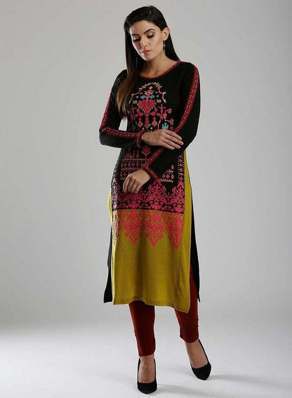 Black &amp; Pink Woollen Round Neck kurta - wforwoman