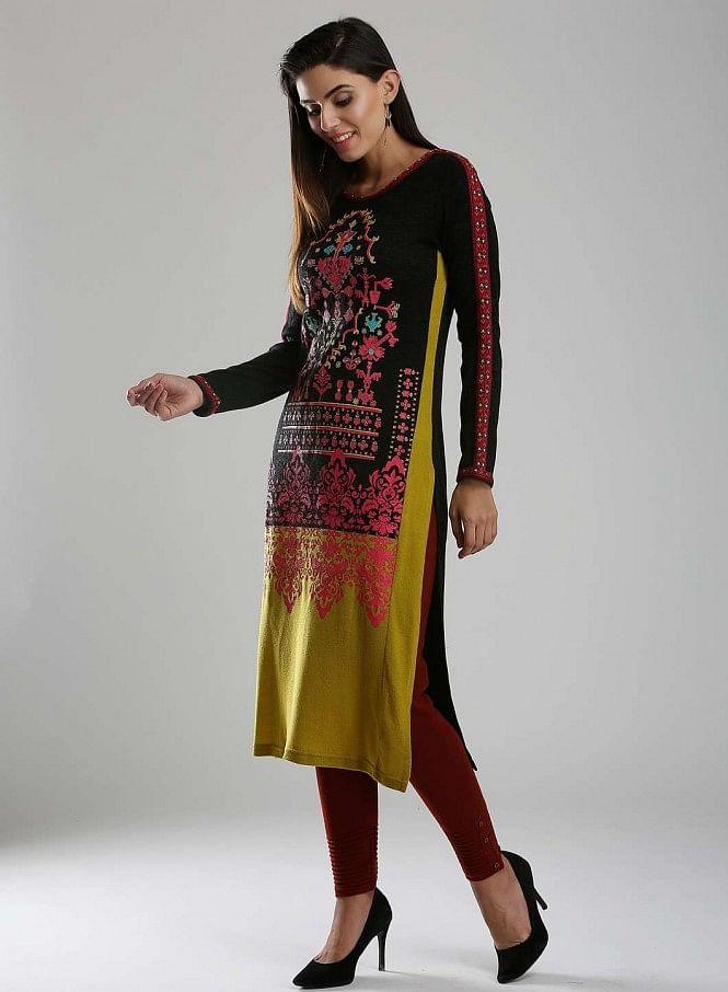 Black &amp; Pink Woollen Round Neck kurta - wforwoman