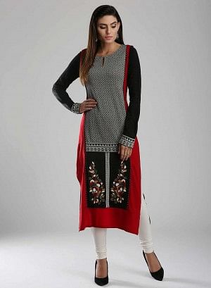 Black &amp; Red Woollen Round Neck kurta