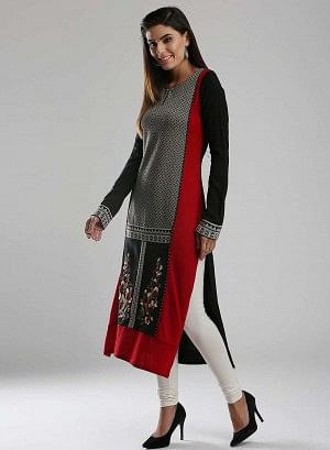 Black &amp; Red Woollen Round Neck kurta