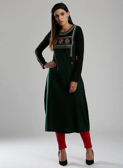 Green &amp; Black Woollen Round Neck kurta - wforwoman