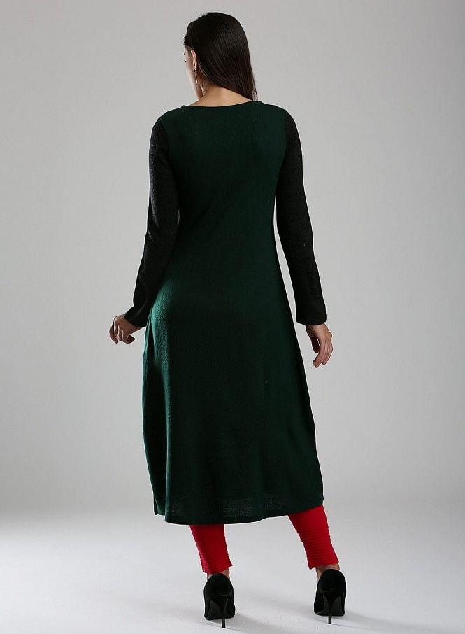 Green &amp; Black Woollen Round Neck kurta - wforwoman