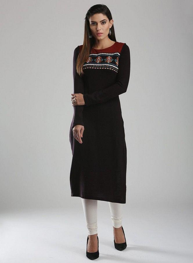 Black Woollen Round Neck kurta - wforwoman