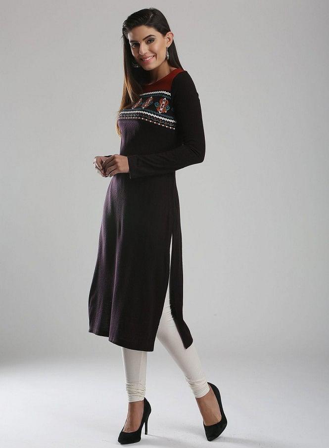 Black Woollen Round Neck kurta - wforwoman