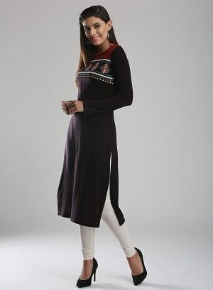 Black Woollen Round Neck kurta