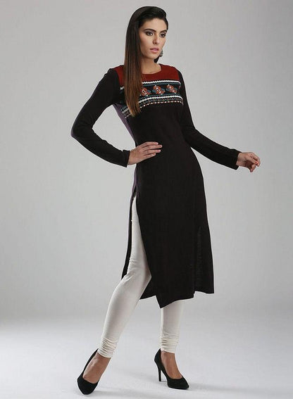 Black Woollen Round Neck kurta - wforwoman