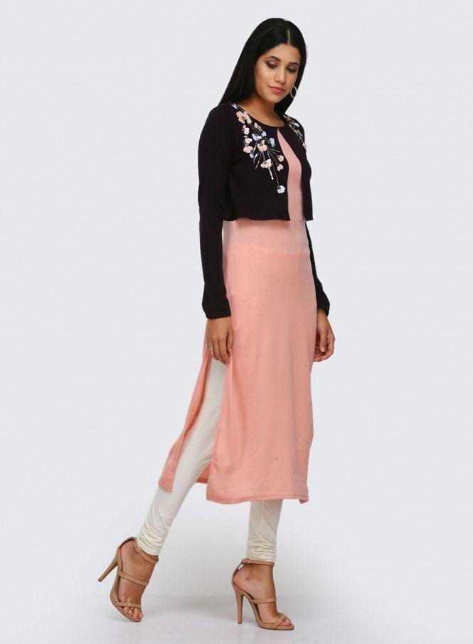 Pink Round Neck Winter kurta - wforwoman