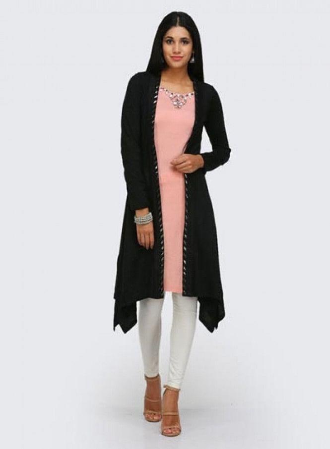 Black &amp; Pink Printed Winter kurta - wforwoman