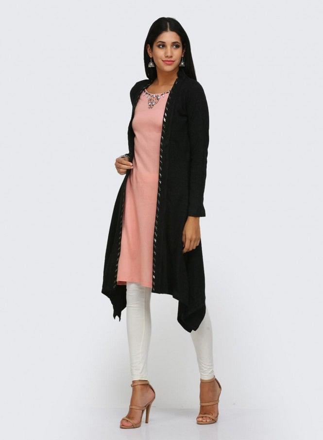 Black &amp; Pink Printed Winter kurta - wforwoman