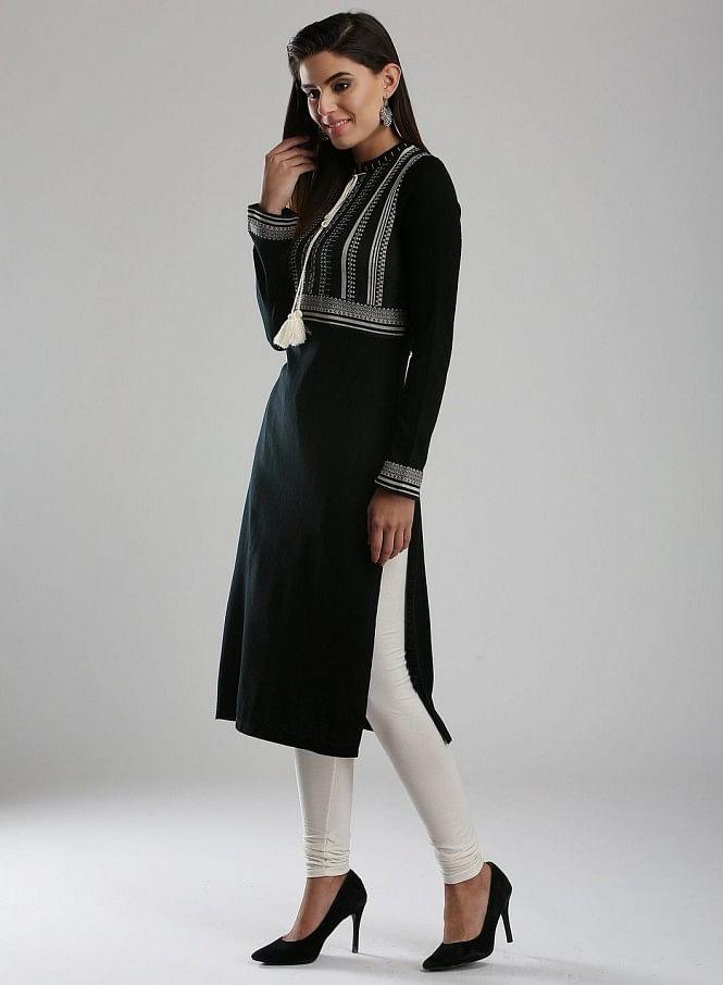 Black Woollen Mandarin Neck kurta - wforwoman