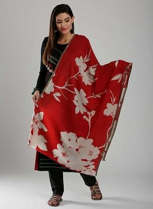 Red &amp; White Floral Print Winter Stole