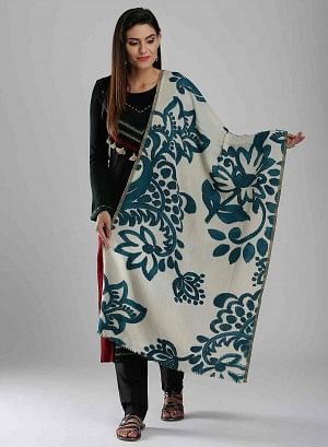 White &amp; Blue Printed Winter Stole