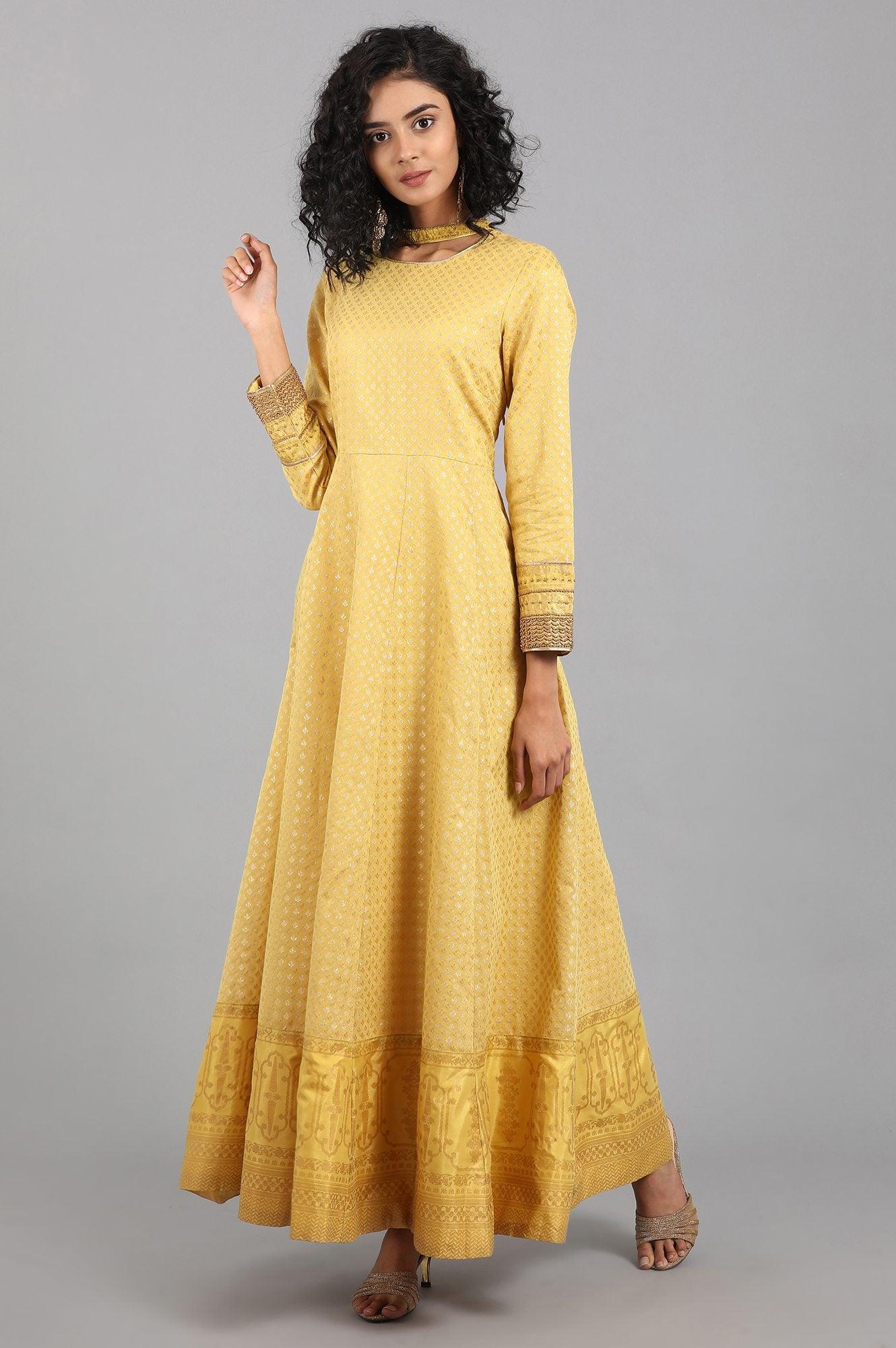 Yellow Mandarin Collar Yarn-dyed kurta - wforwoman