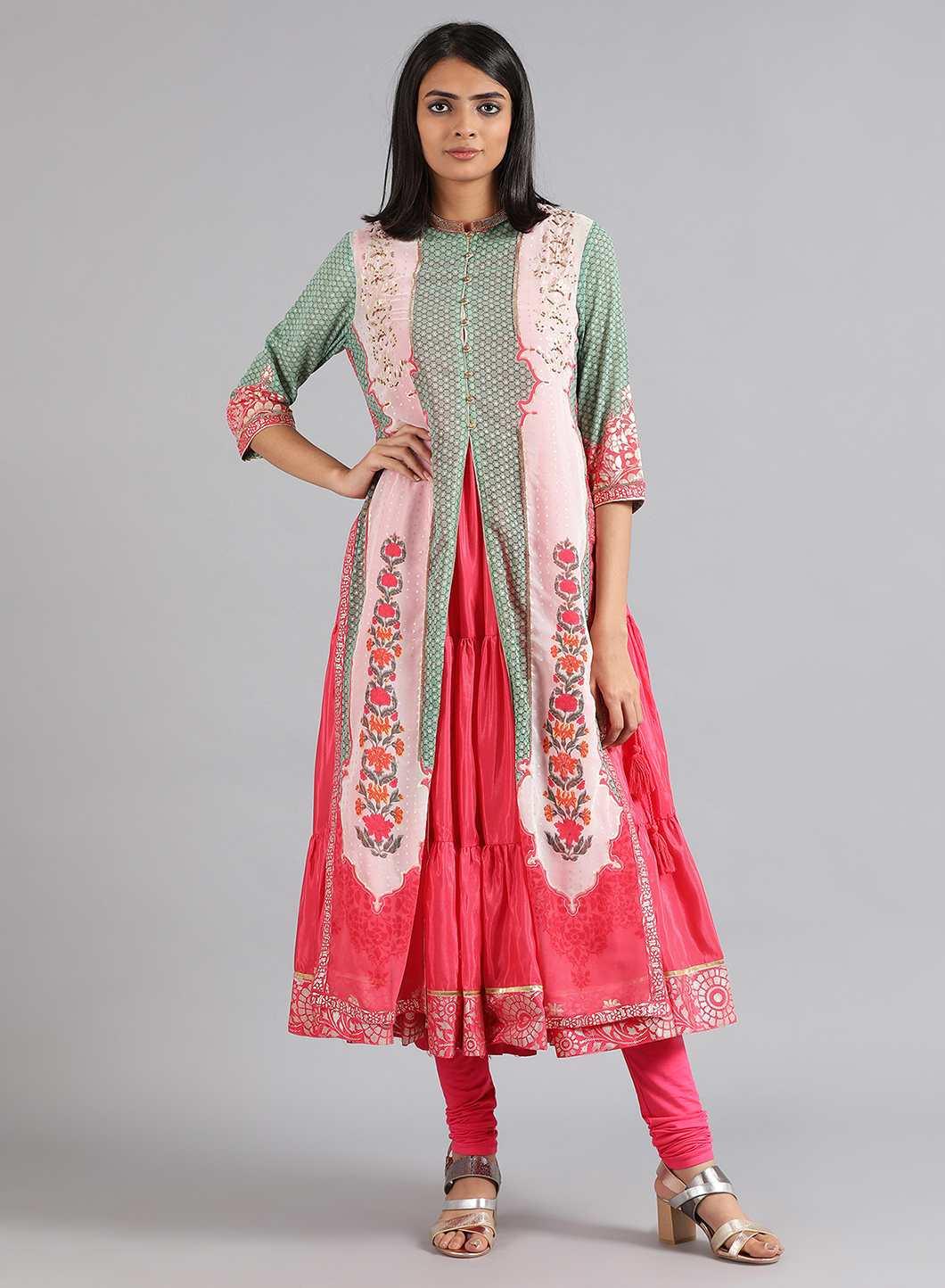 Green &amp; Pink Round Neck Printed kurta - wforwoman