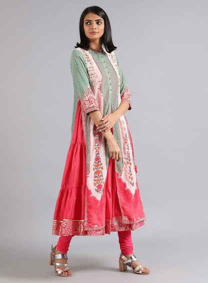 Green &amp; Pink Round Neck Printed kurta - wforwoman