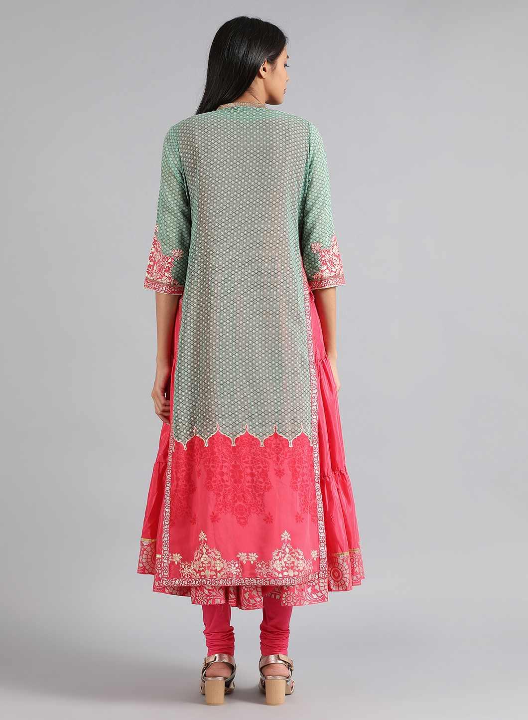 Green &amp; Pink Round Neck Printed kurta - wforwoman