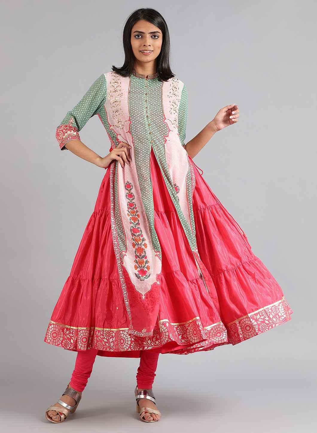 Green &amp; Pink Round Neck Printed kurta - wforwoman