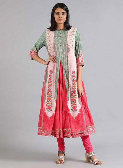 Green &amp; Pink Round Neck Printed kurta - wforwoman