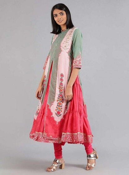 Green &amp; Pink Round Neck Printed kurta - wforwoman