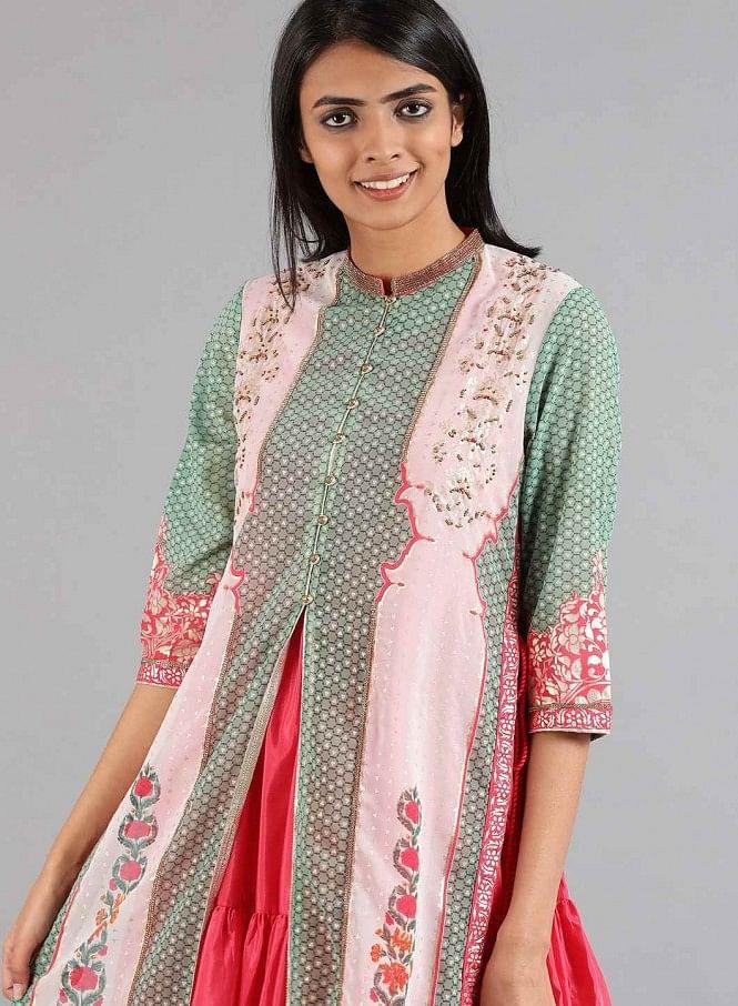 Green &amp; Pink Round Neck Printed kurta - wforwoman