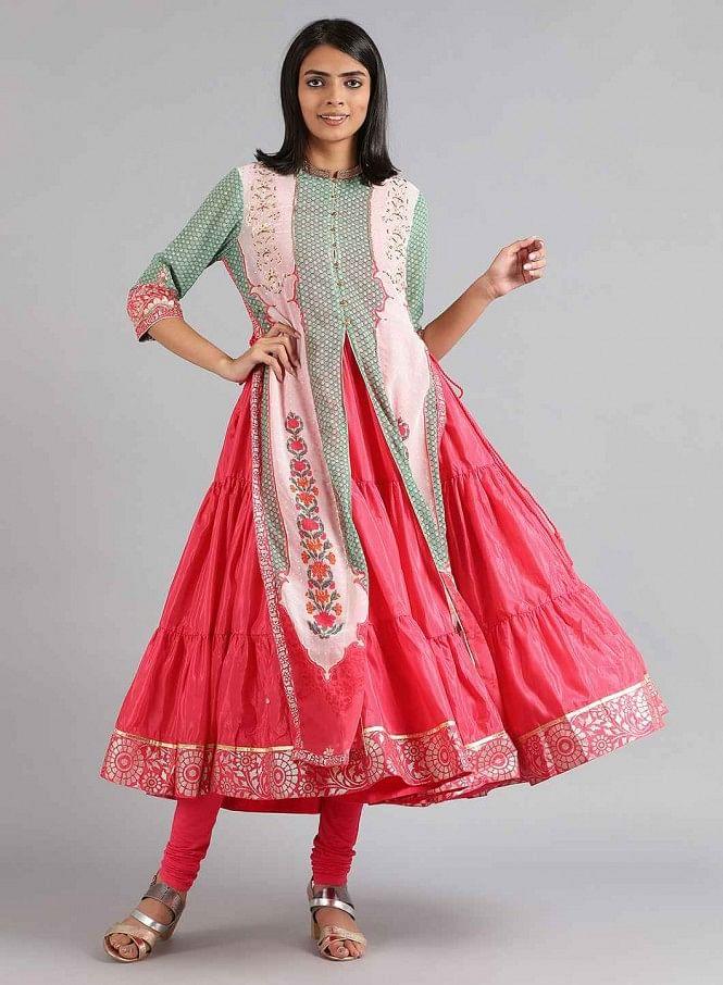 Green &amp; Pink Round Neck Printed kurta - wforwoman