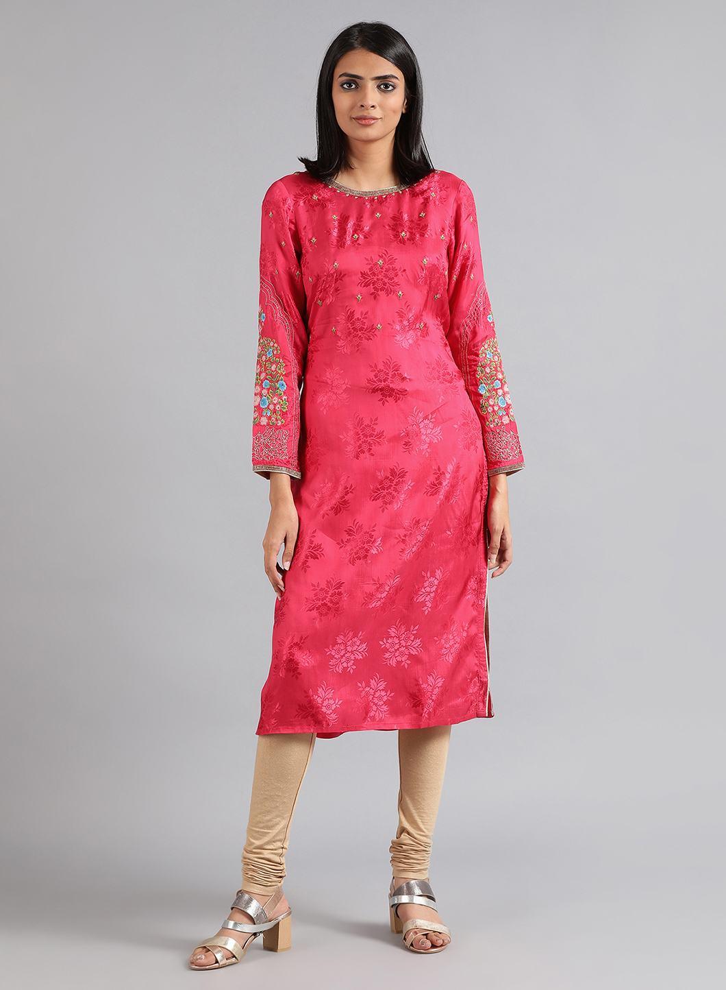 Pink Round Neck Floral Print kurta - wforwoman