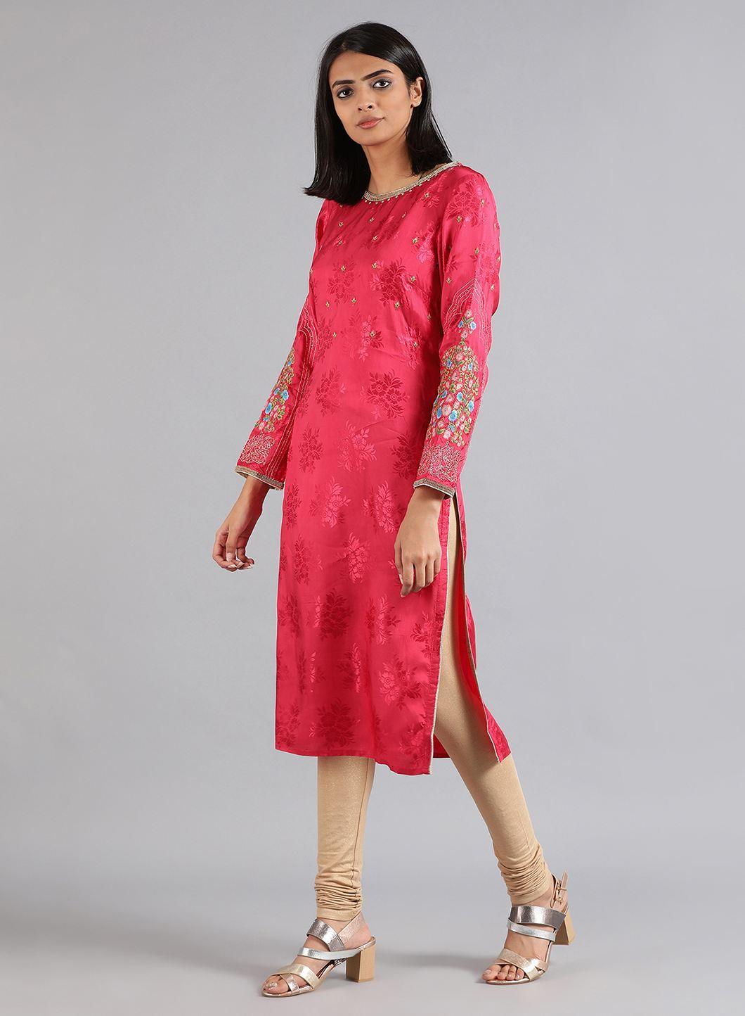 Pink Round Neck Floral Print kurta - wforwoman