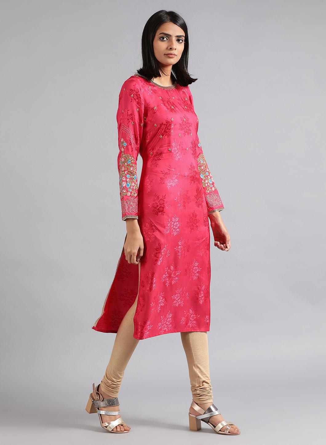 Pink Round Neck Floral Print kurta - wforwoman