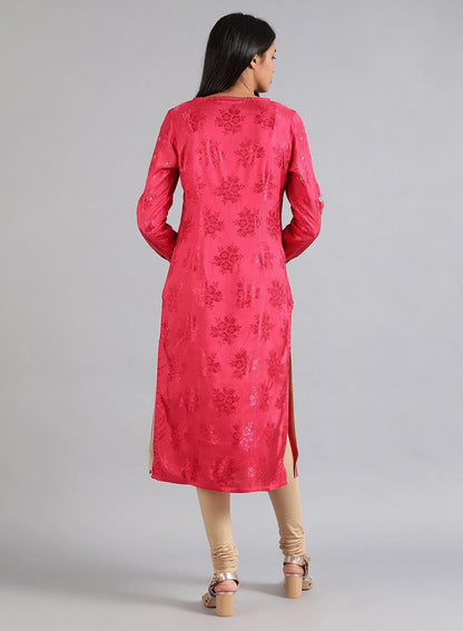 Pink Round Neck Floral Print kurta - wforwoman