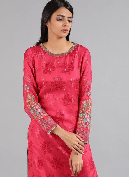 Pink Round Neck Floral Print kurta - wforwoman