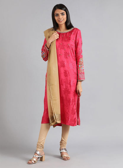 Pink Round Neck Floral Print kurta - wforwoman