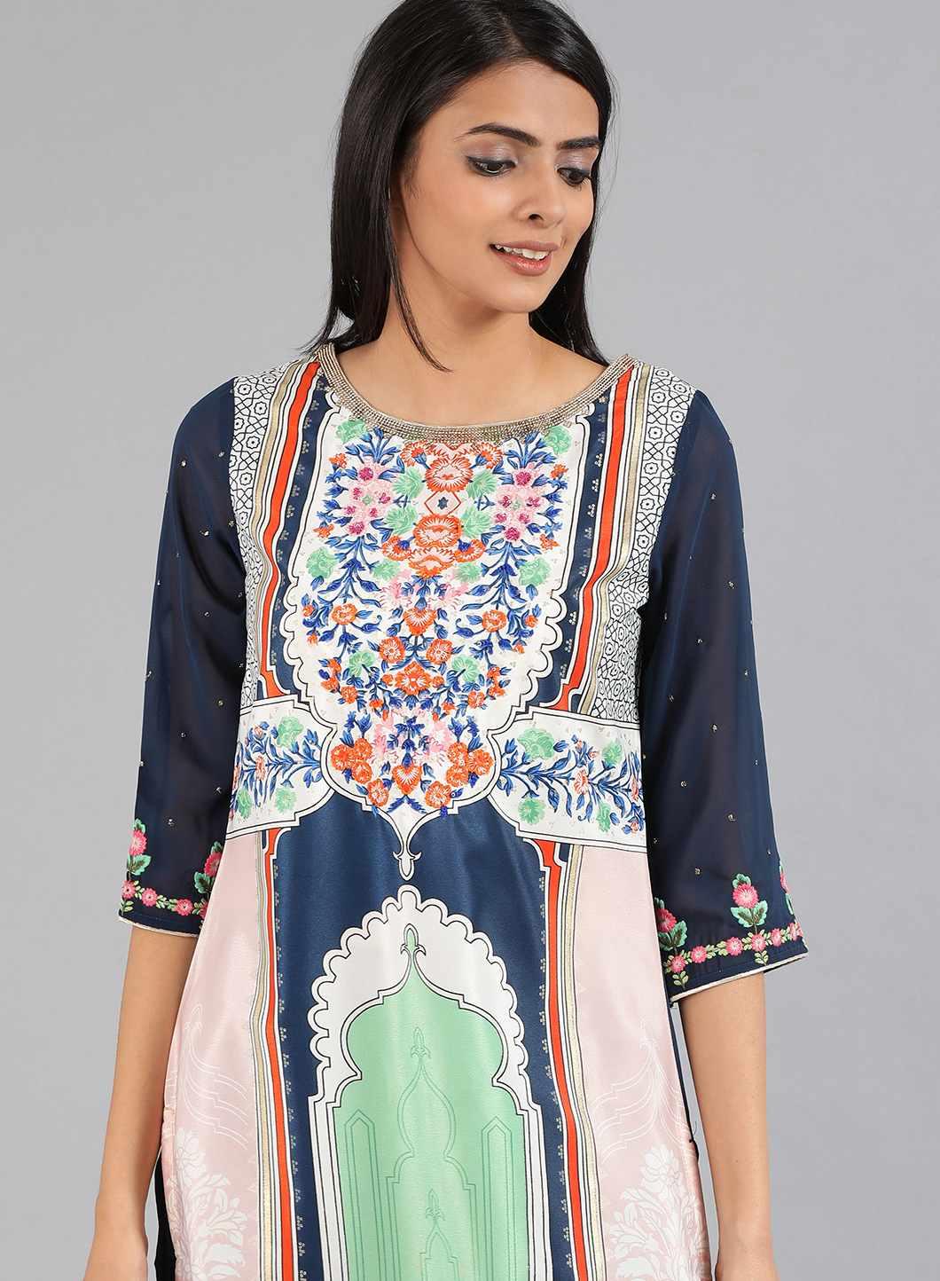 Blue &amp; Green Round Neck Printed kurta - wforwoman