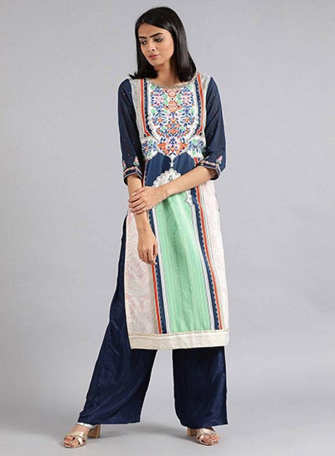 Blue &amp; Green Round Neck Printed kurta - wforwoman