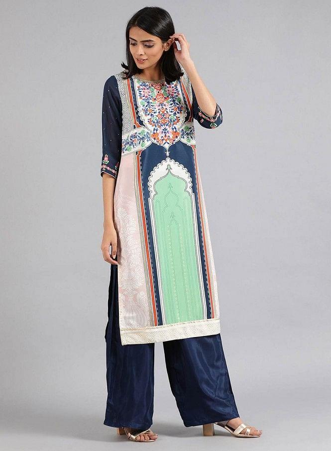 Blue &amp; Green Round Neck Printed kurta - wforwoman