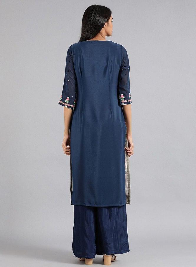 Blue &amp; Green Round Neck Printed kurta - wforwoman