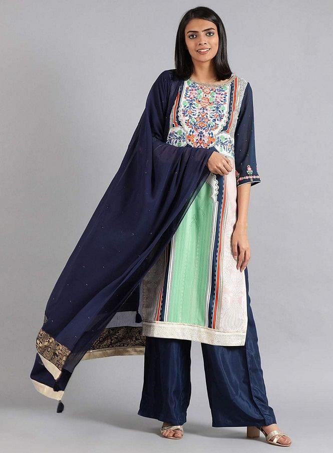 Blue &amp; Green Round Neck Printed kurta - wforwoman