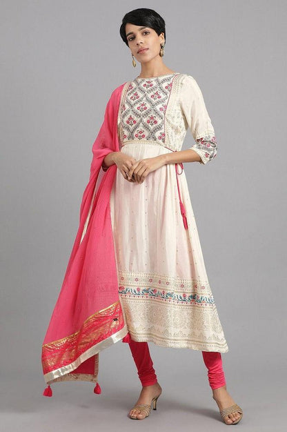 Ecru Round Neck Printed kurta - wforwoman